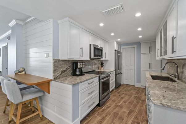Interior, Kitchen, Recessed Lighting, Stainless Steel Appliances, Wood Texture Flooring