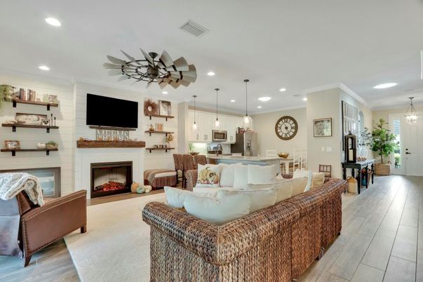 Fireplace, Interior, Kitchen, Living room, Pendant Lights, Recessed Lighting, Wood Texture Flooring