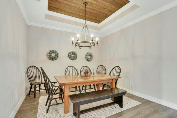 Chandelier, Dining room, Interior, Wooden Ceilings, Wood Texture Flooring