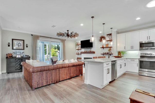 Interior, Kitchen, Living room, Pendant Lights, Recessed Lighting, Stainless Steel Appliances, Wood Texture Flooring