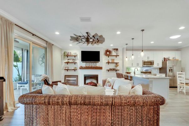 Fireplace, Interior, Kitchen, Living room, Pendant Lights, Recessed Lighting, Wood Texture Flooring