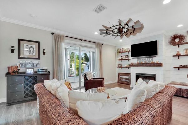 Fireplace, Interior, Living room, Recessed Lighting, Wood Texture Flooring