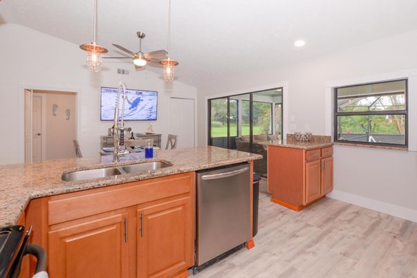 Interior, Kitchen, Pendant Lights, Recessed Lighting, Wood Texture Flooring