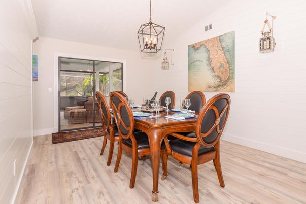 Dining room, Interior, Pendant Lights, Wood Texture Flooring