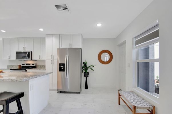 Interior, Kitchen, Marble, Recessed Lighting, Stainless Steel Appliances