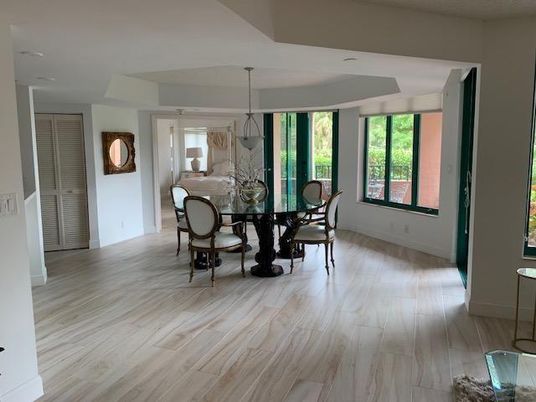 Dining room, Interior, Pendant Lights, Wood Texture Flooring
