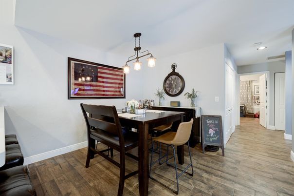 Dining room, Interior, Pendant Lights, Recessed Lighting, Wood Texture Flooring