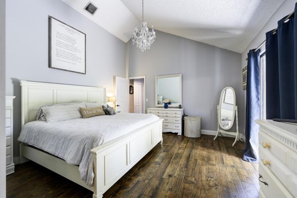 Bedroom, Chandelier, Interior, Wood Texture Flooring
