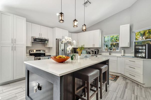Interior, Kitchen, Pendant Lights, Stainless Steel Appliances, Wood Texture Flooring