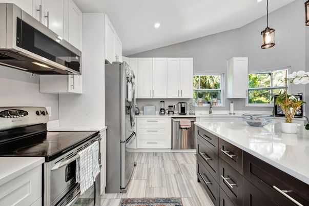 Interior, Kitchen, Pendant Lights, Recessed Lighting, Stainless Steel Appliances, Wood Texture Flooring