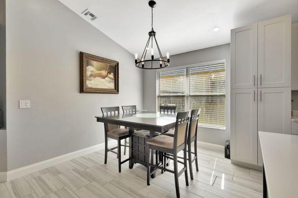 Dining room, Interior, Pendant Lights, Recessed Lighting, Wood Texture Flooring