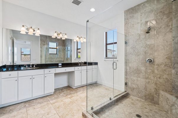 Bathroom, Dual Sink Vanities, Glass Shower, Interior, Recessed Lighting