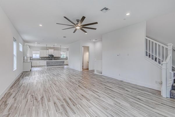 Empty room, Interior, Kitchen, Pendant Lights, Recessed Lighting, Wood Texture Flooring