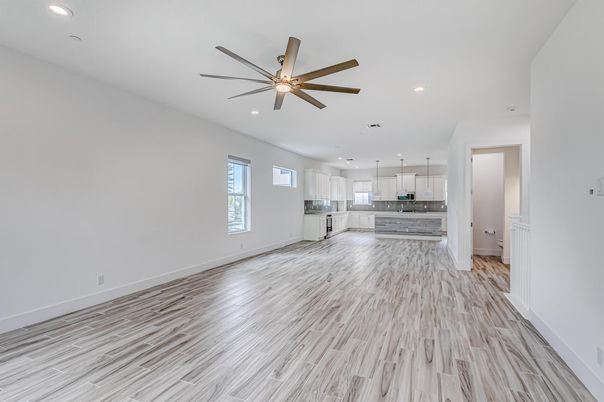 Empty room, Interior, Kitchen, Pendant Lights, Recessed Lighting, Wood Texture Flooring