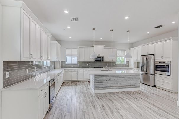 Interior, Kitchen, Pendant Lights, Recessed Lighting, Stainless Steel Appliances, Wood Texture Flooring