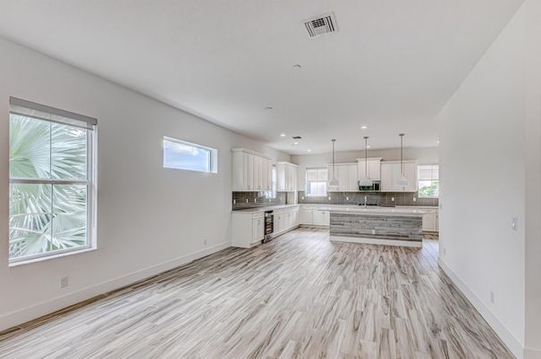 Empty room, Interior, Kitchen, Pendant Lights, Recessed Lighting, Wood Texture Flooring