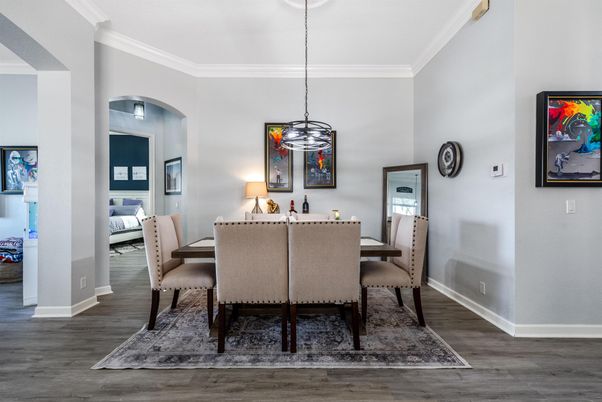 Dining room, Interior, Pendant Lights, Wood Texture Flooring
