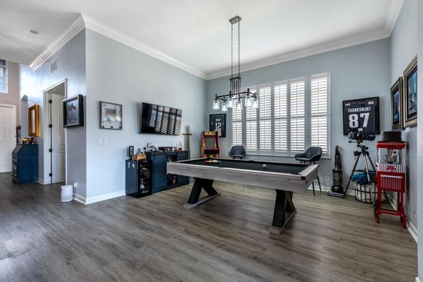 Billiard Table, Game Room, Interior, Pendant Lights, Wood Texture Flooring
