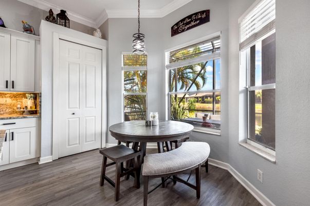 Dining room, Interior, Pendant Lights, Wood Texture Flooring