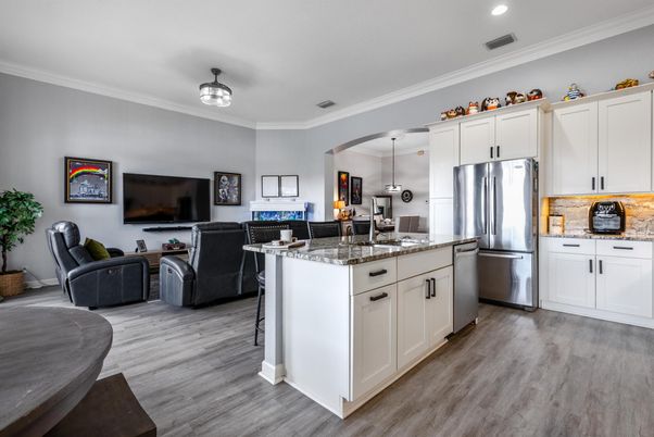 Interior, Kitchen, Living room, Recessed Lighting, Stainless Steel Appliances, Wood Texture Flooring