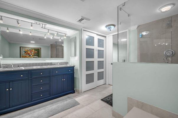 Bathroom, Dual Sink Vanities, Glass Shower, Interior, Recessed Lighting