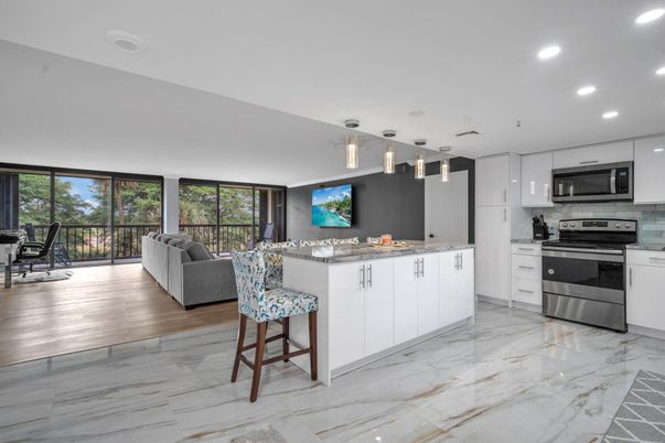 Interior, Kitchen, Living room, Marble, Recessed Lighting, Stainless Steel Appliances