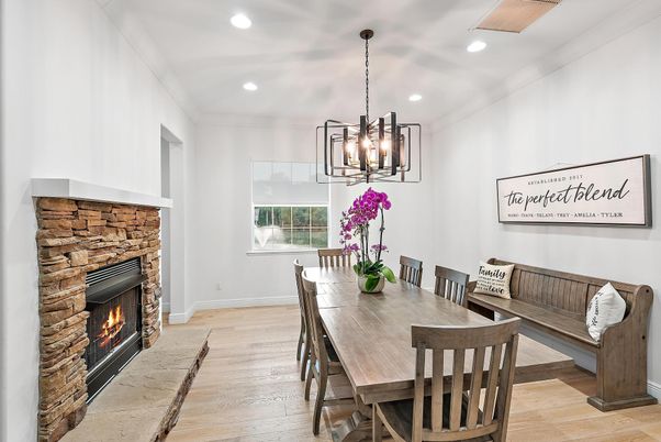 Dining room, Fireplace, Interior, Pendant Lights, Recessed Lighting, Wood Texture Flooring