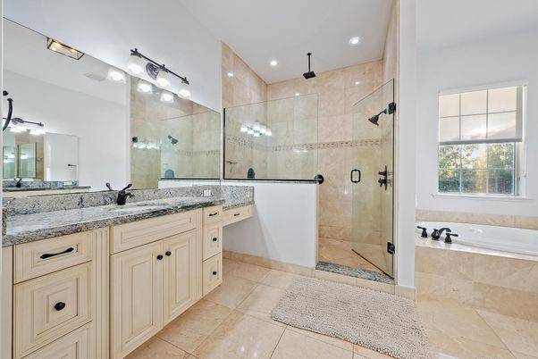 Bathroom, Dual Sink Vanities, Glass Shower, Interior, Recessed Lighting