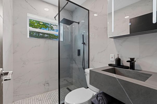 Bathroom, Glass Shower, Interior, Marble Walls, Recessed Lighting