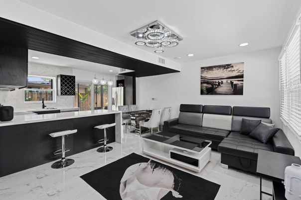 Dining room, Interior, Living room, Marble, Pendant Lights, Recessed Lighting