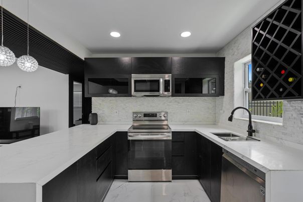 Interior, Kitchen, Marble, Pendant Lights, Recessed Lighting, Stainless Steel Appliances