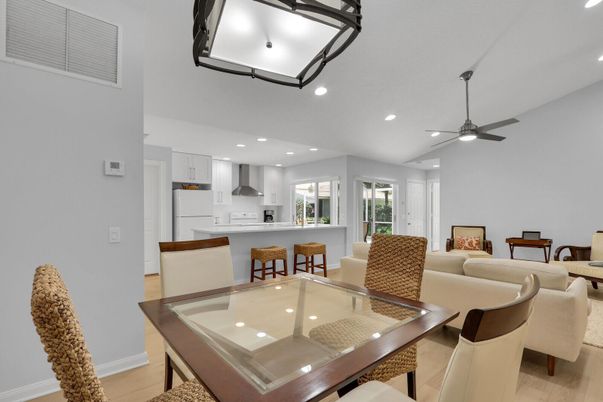 Dining room, Interior, Kitchen, Living room, Recessed Lighting, Wood Texture Flooring