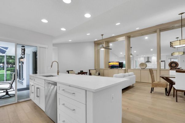 Dining room, Fireplace, Interior, Kitchen, Living room, Pendant Lights, Recessed Lighting, Wood Texture Flooring