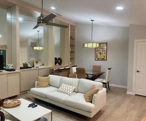 Dining room, Interior, Living room, Pendant Lights, Recessed Lighting, Wood Texture Flooring