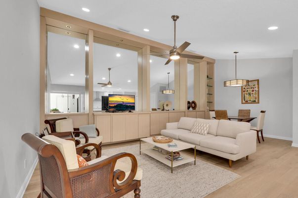 Dining room, Interior, Living room, Pendant Lights, Recessed Lighting, Wood Texture Flooring