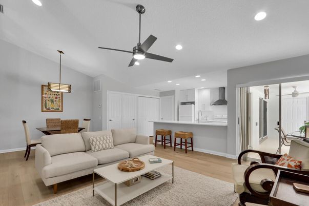 Dining room, Interior, Kitchen, Living room, Pendant Lights, Recessed Lighting, Wood Texture Flooring