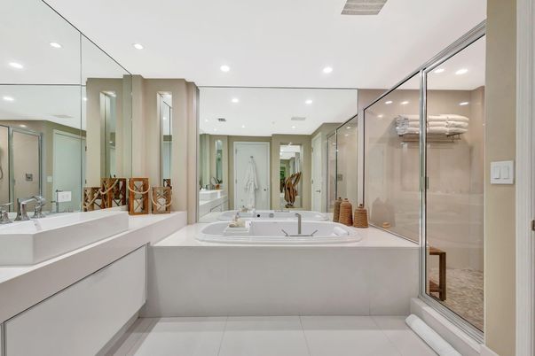 Bathroom, Dual Sink Vanities, Glass Shower, Interior, Recessed Lighting