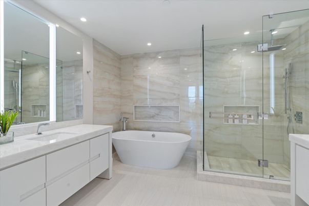 Bathroom, Dual Sink Vanities, Free Standing Baths, Glass Shower, Interior, Marble Walls, Recessed Lighting