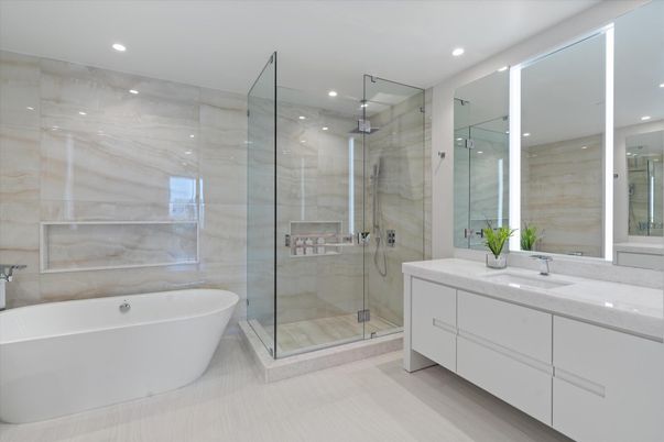 Bathroom, Dual Sink Vanities, Free Standing Baths, Glass Shower, Interior, Marble Walls, Recessed Lighting
