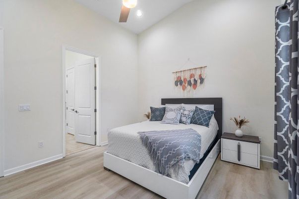 Bedroom, Interior, Recessed Lighting, Wood Texture Flooring
