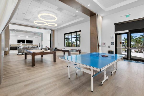 Billiard Table, Game Room, Interior, Pendant Lights, Recessed Lighting, Wood Texture Flooring