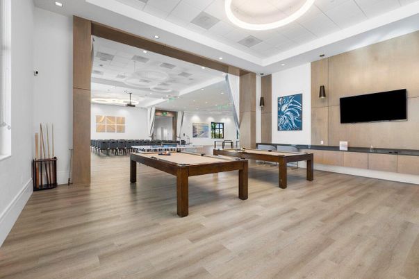 Billiard Table, Game Room, Interior, Pendant Lights, Recessed Lighting, Wood Texture Flooring