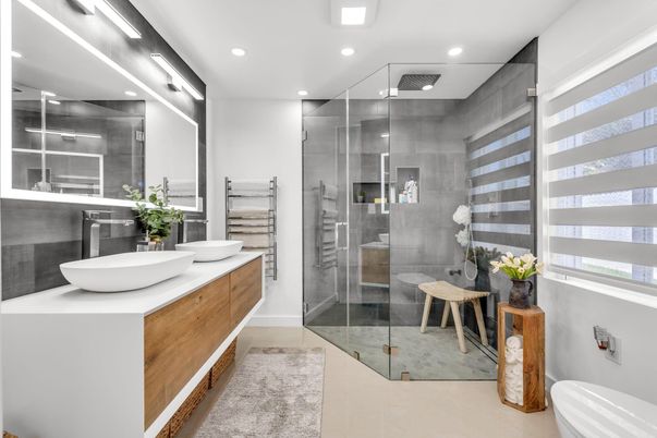 Bathroom, Dual Sink Vanities, Glass Shower, Interior, Recessed Lighting
