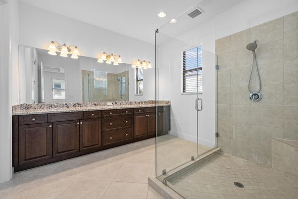 Bathroom, Dual Sink Vanities, Glass Shower, Interior, Recessed Lighting