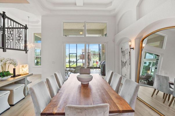 Dining room, Interior, Pendant Lights, Wood Texture Flooring