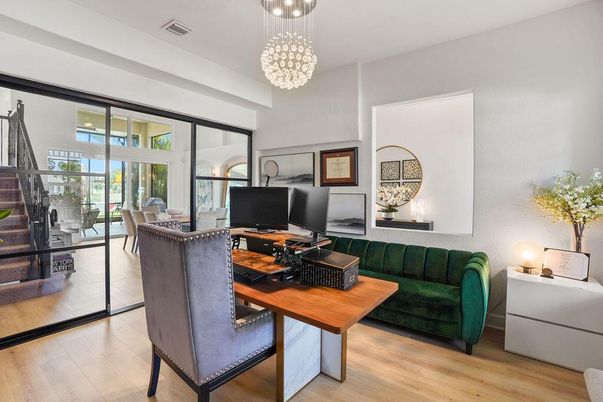 Home Office, Interior, Pendant Lights, Wood Texture Flooring