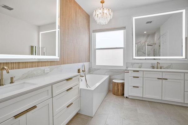 Bathroom, Chandelier, Dual Sink Vanities, Free Standing Baths, Interior, Marble Walls