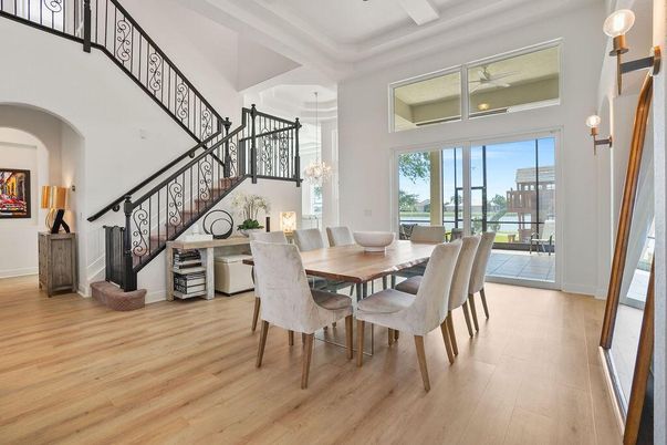 Chandelier, Dining room, Interior, Wood Texture Flooring