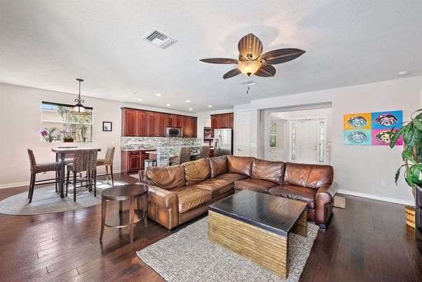 Dining room, Interior, Kitchen, Living room, Pendant Lights, Recessed Lighting, Stainless Steel Appliances, Wood Texture Flooring
