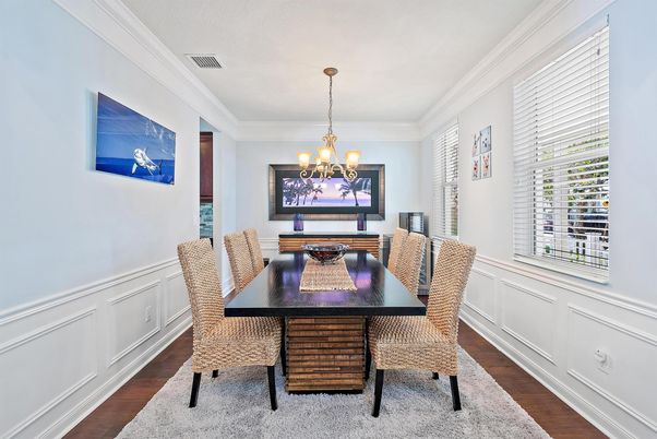 Chandelier, Dining room, Interior, Wood Texture Flooring